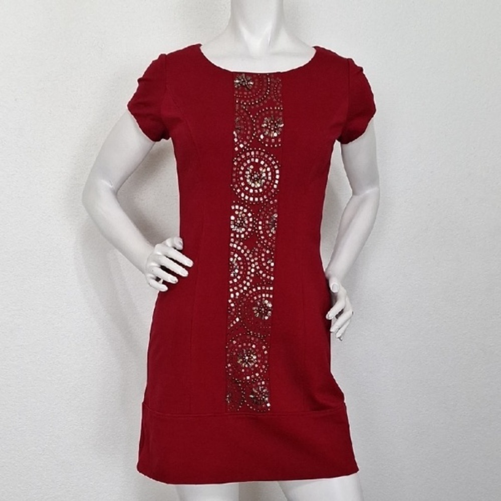 Donna Ricco Red Central Sequin Front Romantic Short Sleeve Mini Dress Size 4P